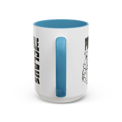 White mug with blue interior and handle, featuring text and graphics on a white background