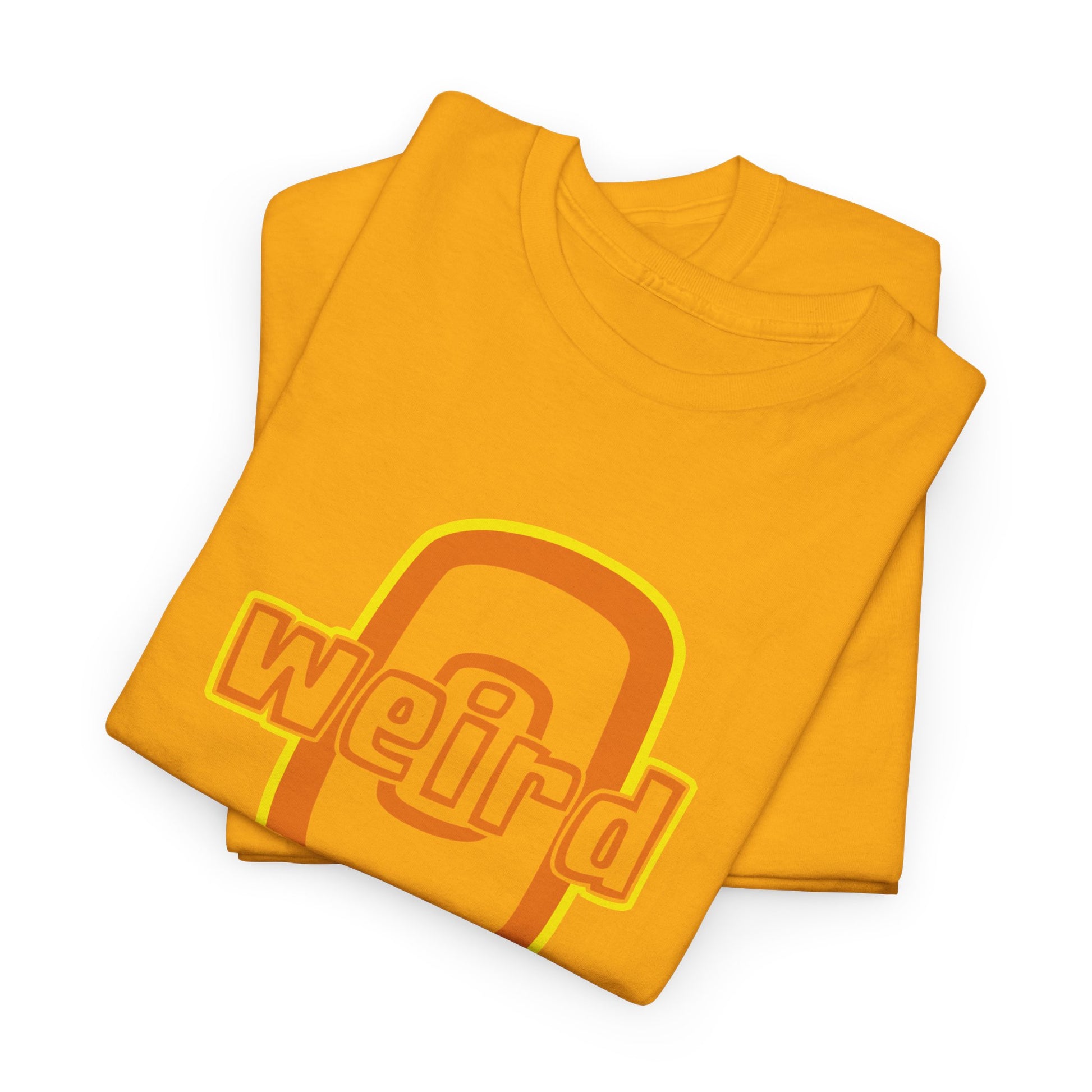 Folded orange t-shirt with 'weird' graphic design on a white background