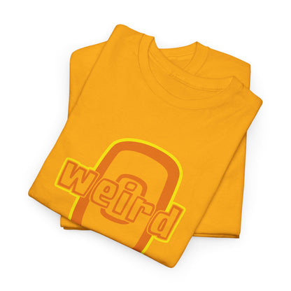 Folded orange t-shirt with 'weird' graphic design on a white background