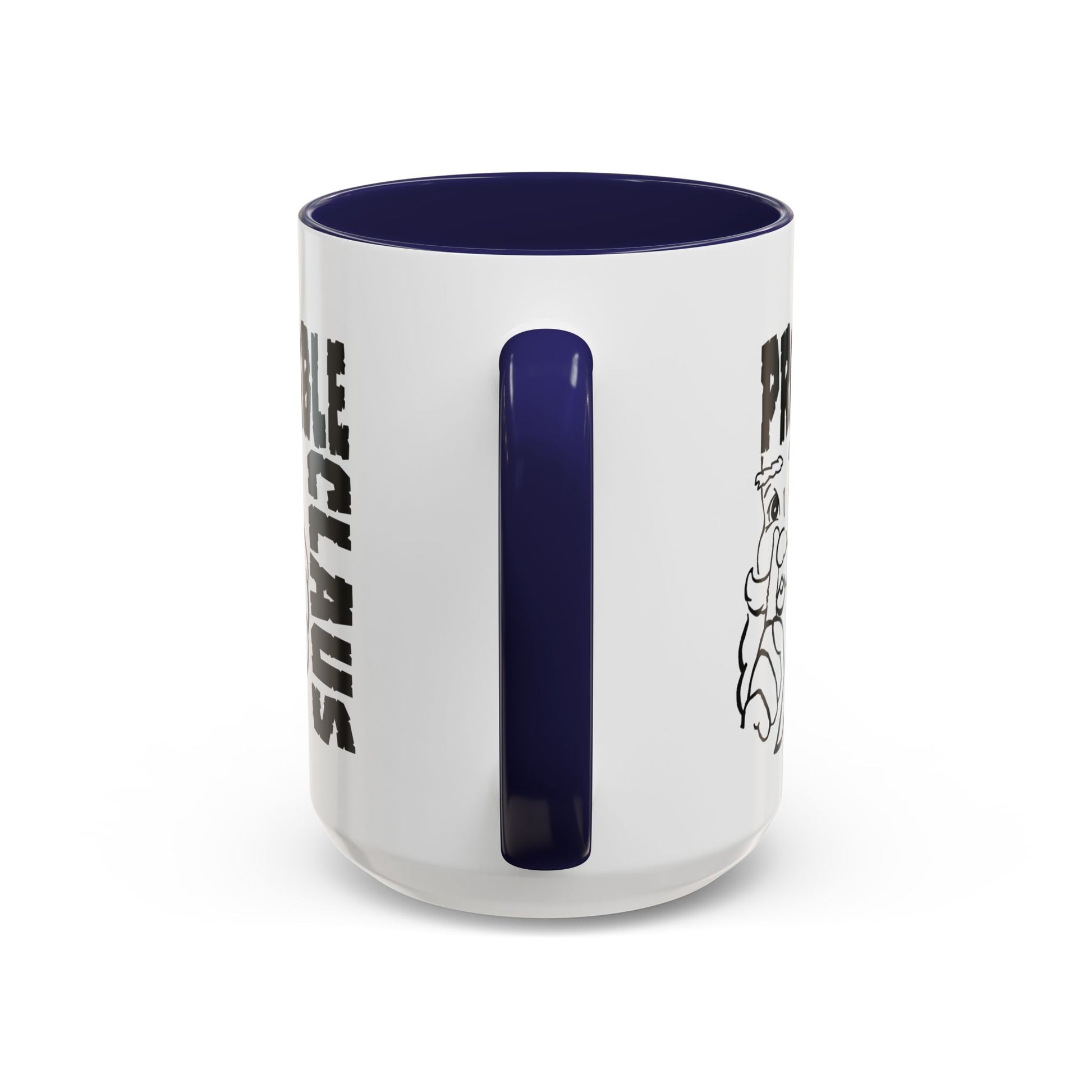 White mug with blue interior and handle, featuring text and graphics on a white background