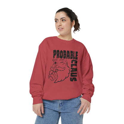 Person wearing a red sweatshirt with 'Probable Claus' text and graphic on a white background
