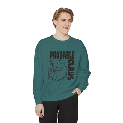Person wearing a green sweatshirt with 'Probable Claus' graphic on a white background