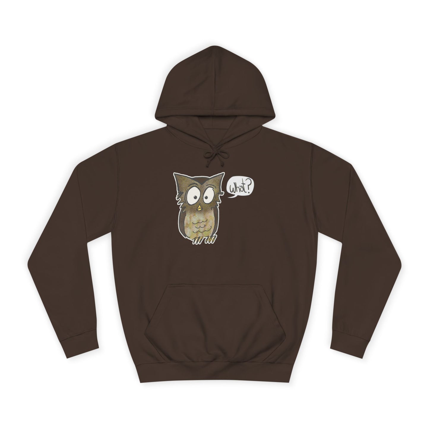 Brown hoodie with an owl graphic and 'What?' text on a white background