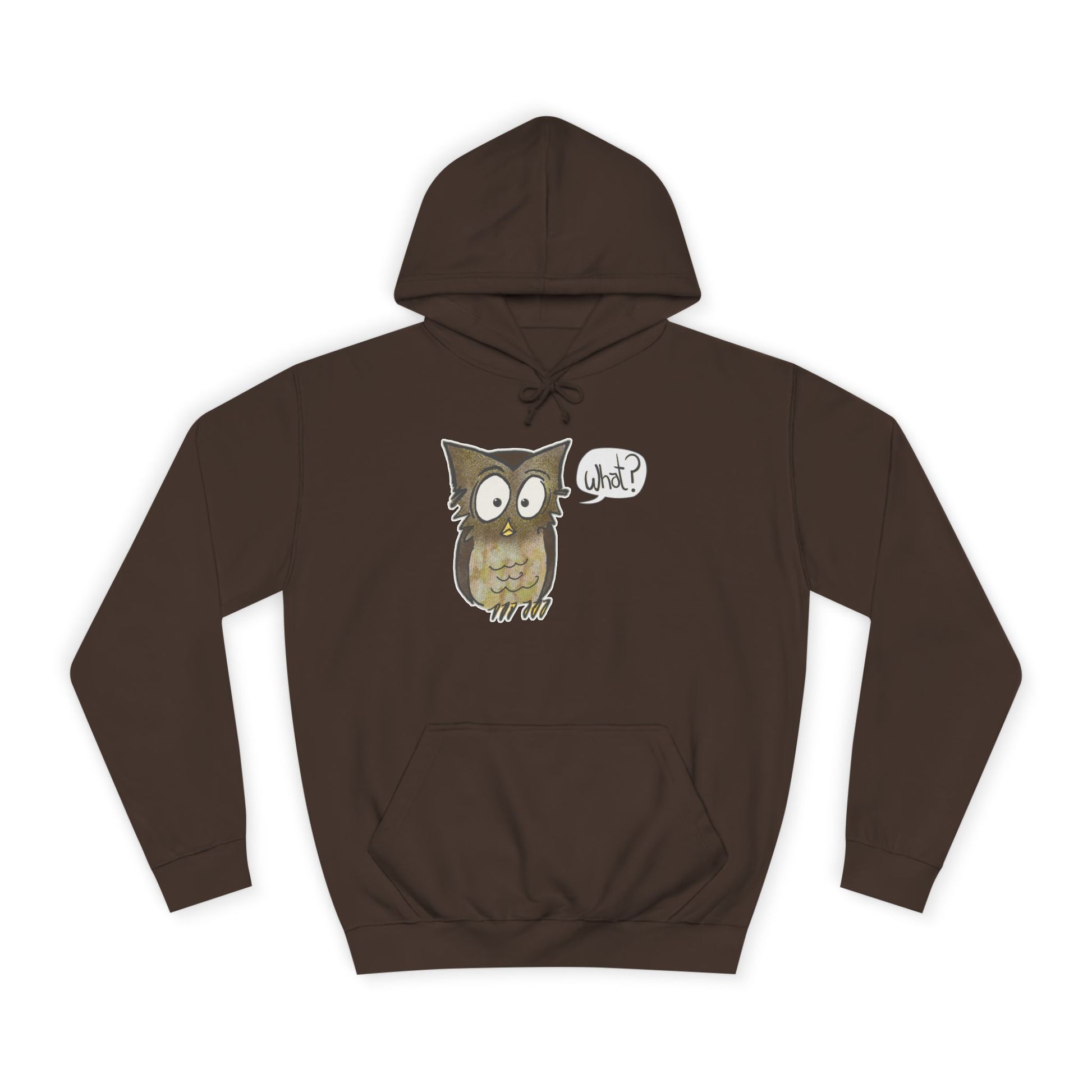 Brown hoodie with an owl graphic and 'What?' text on a white background