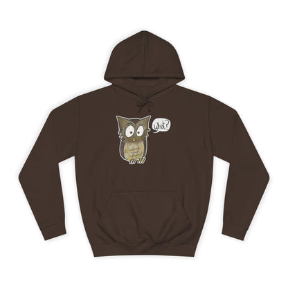 Brown hoodie with an owl graphic and 'What?' text on a white background
