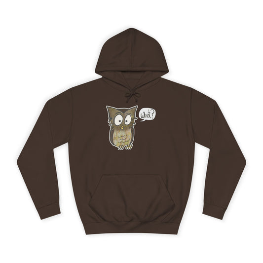 Brown hoodie with an owl graphic and 'What?' text on a white background