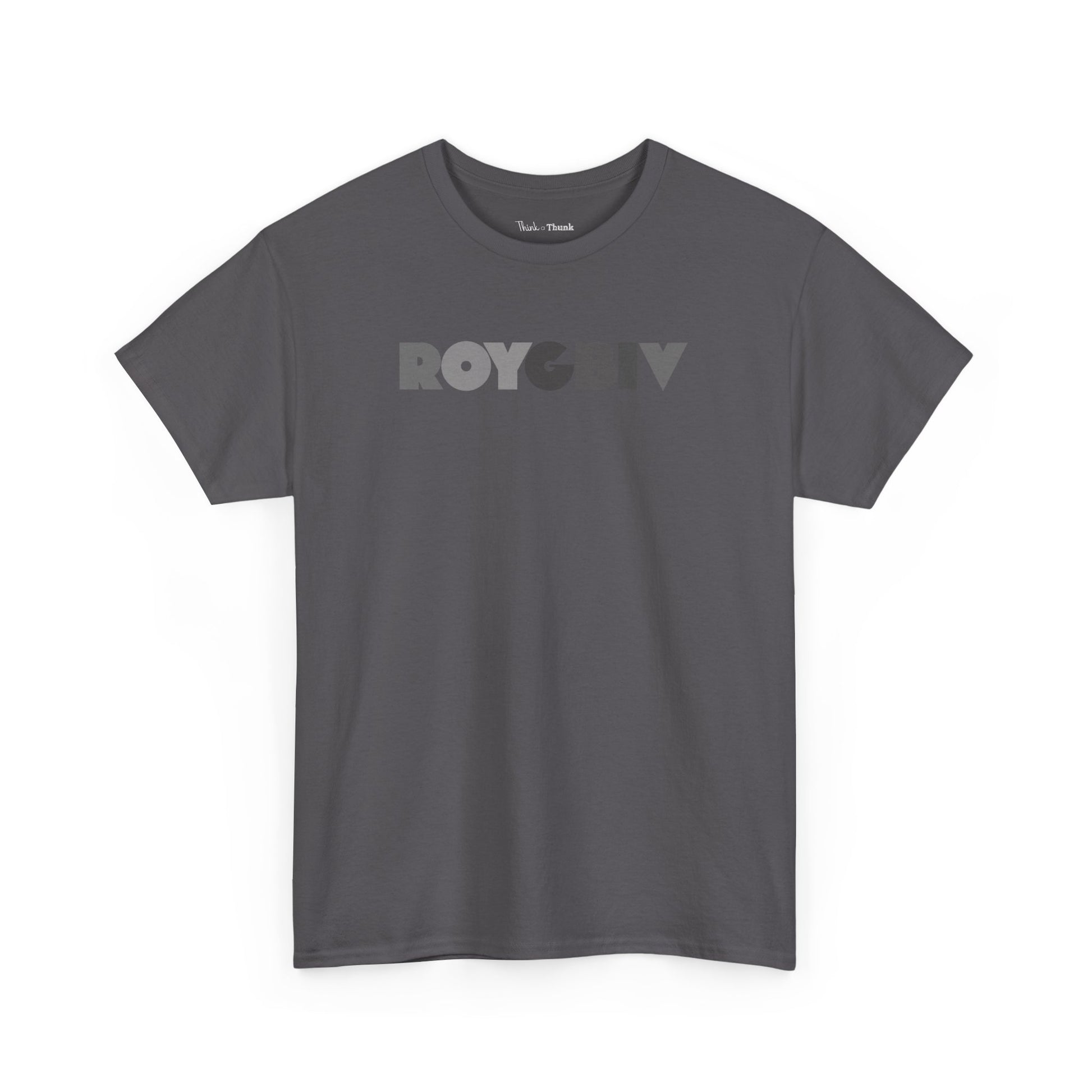 Gray t-shirt with 'ROYGBIV'  graphic - on a white background