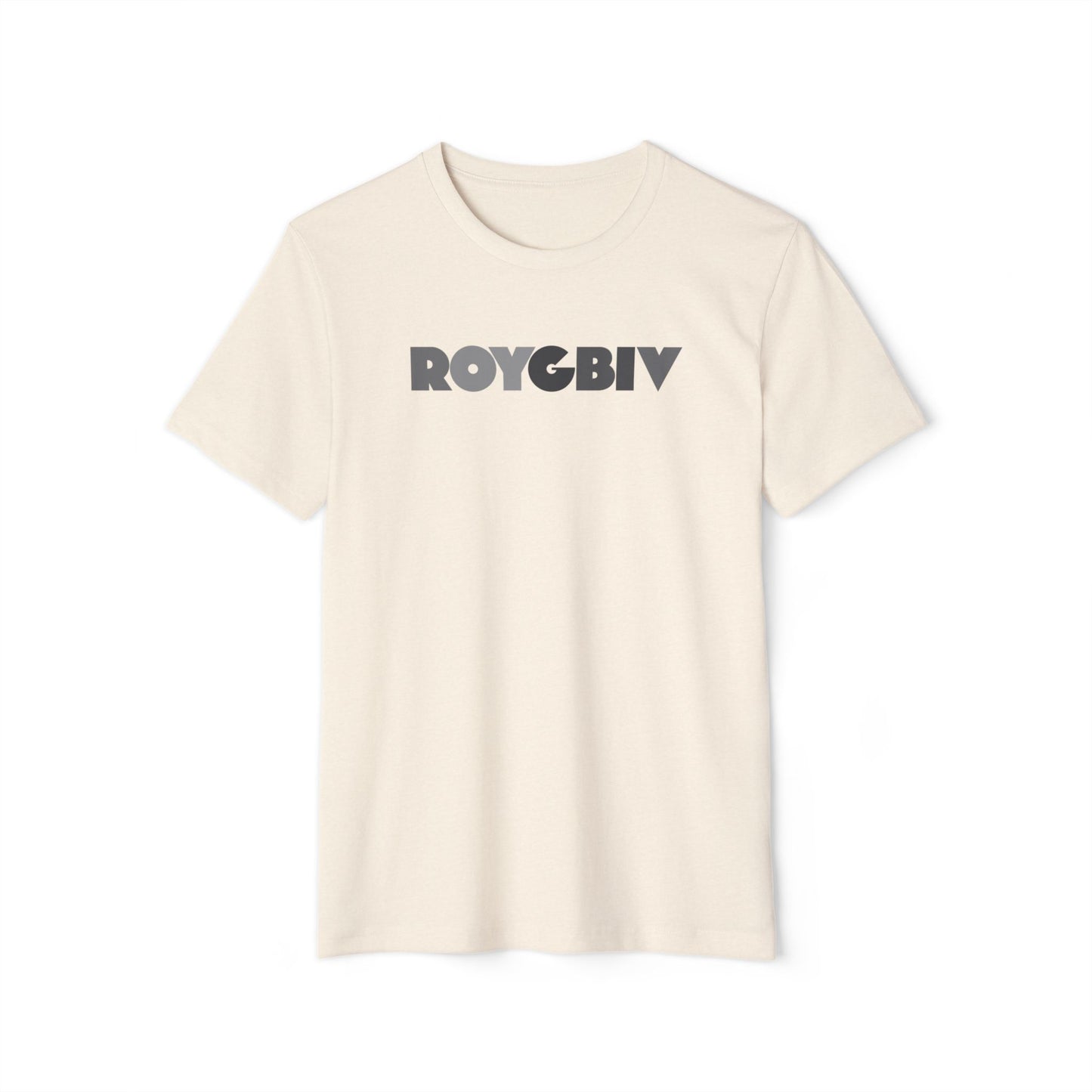 Beige t-shirt with 'ROYGBIV' text on a white background