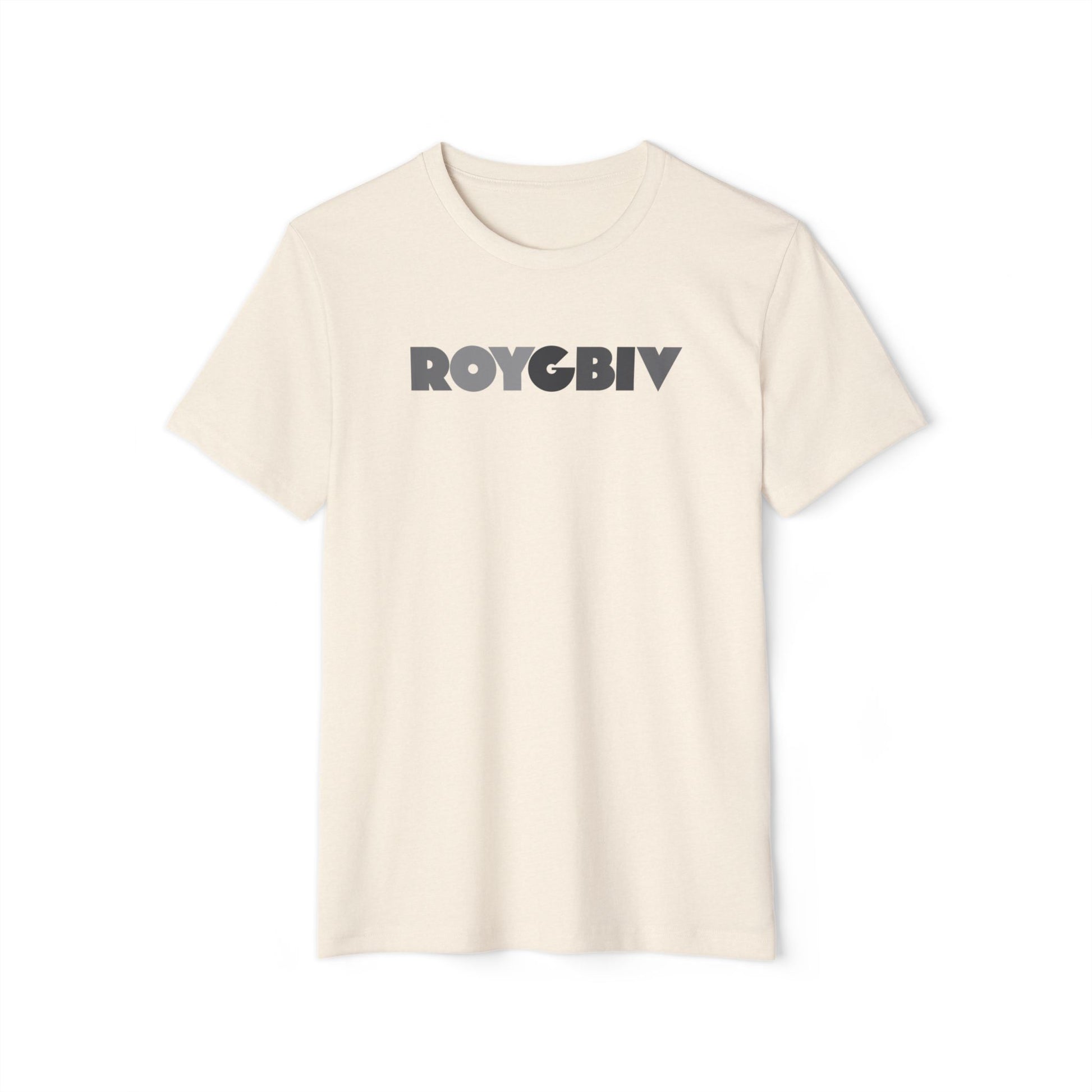 Beige t-shirt with 'ROYGBIV' text on a white background