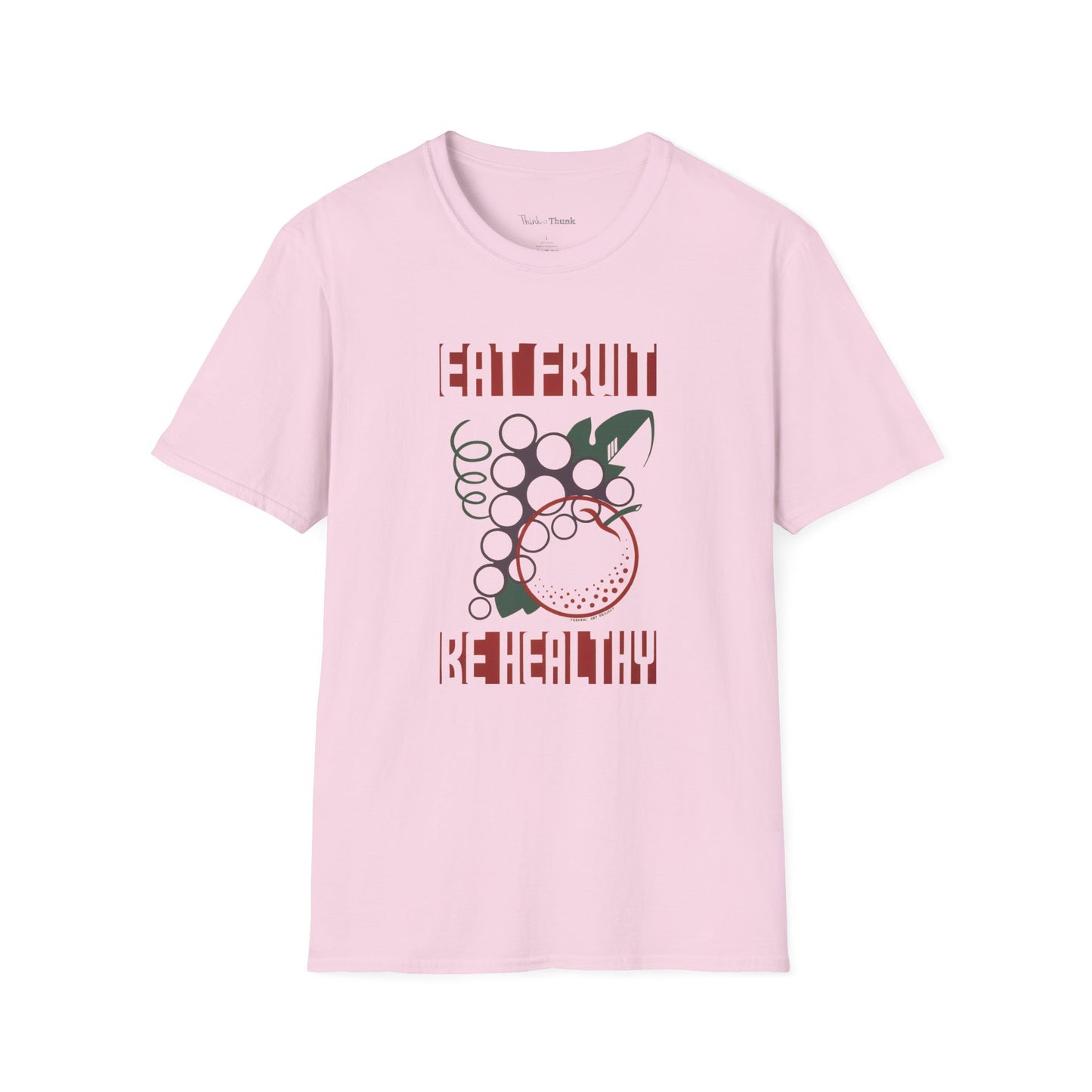 Pink t-shirt with a graphic design and text saying "EAT FRUIT BE HEALTHY" on a white background