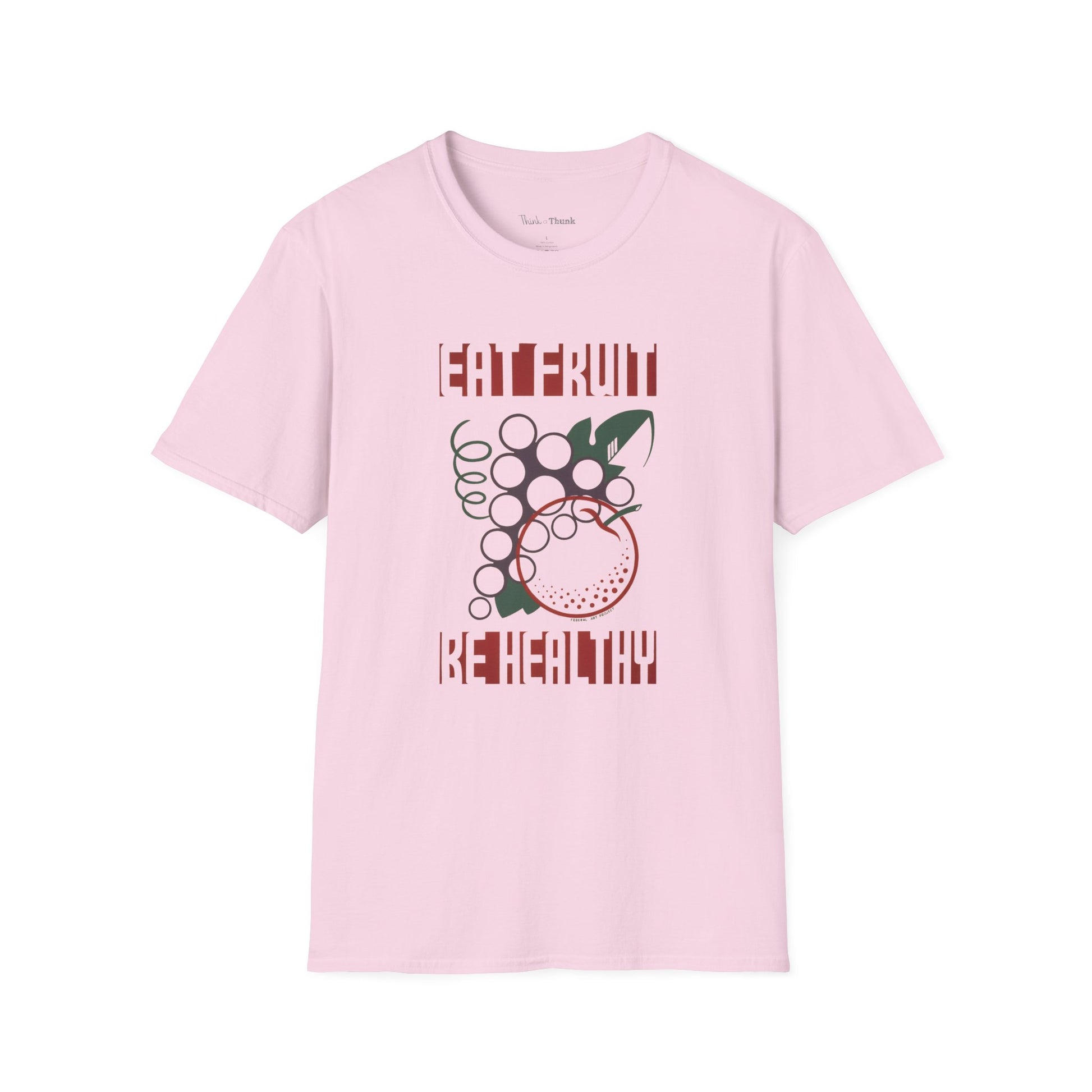 Pink t-shirt with a graphic design and text saying "EAT FRUIT BE HEALTHY" on a white background