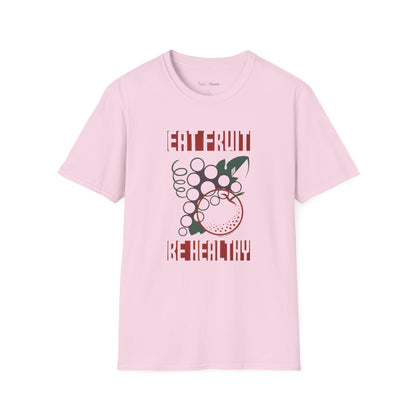 Pink t-shirt with a graphic design and text saying "EAT FRUIT BE HEALTHY" on a white background