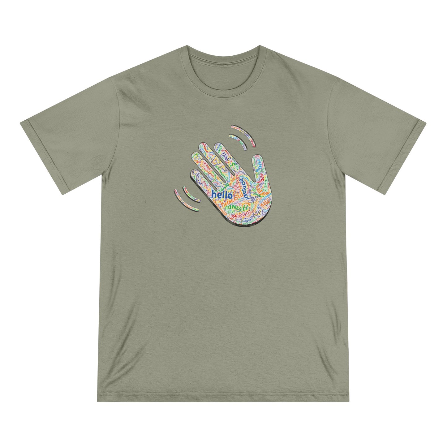 Sage green t-shirt with colorful hand graphic and 'hello' text on a white background