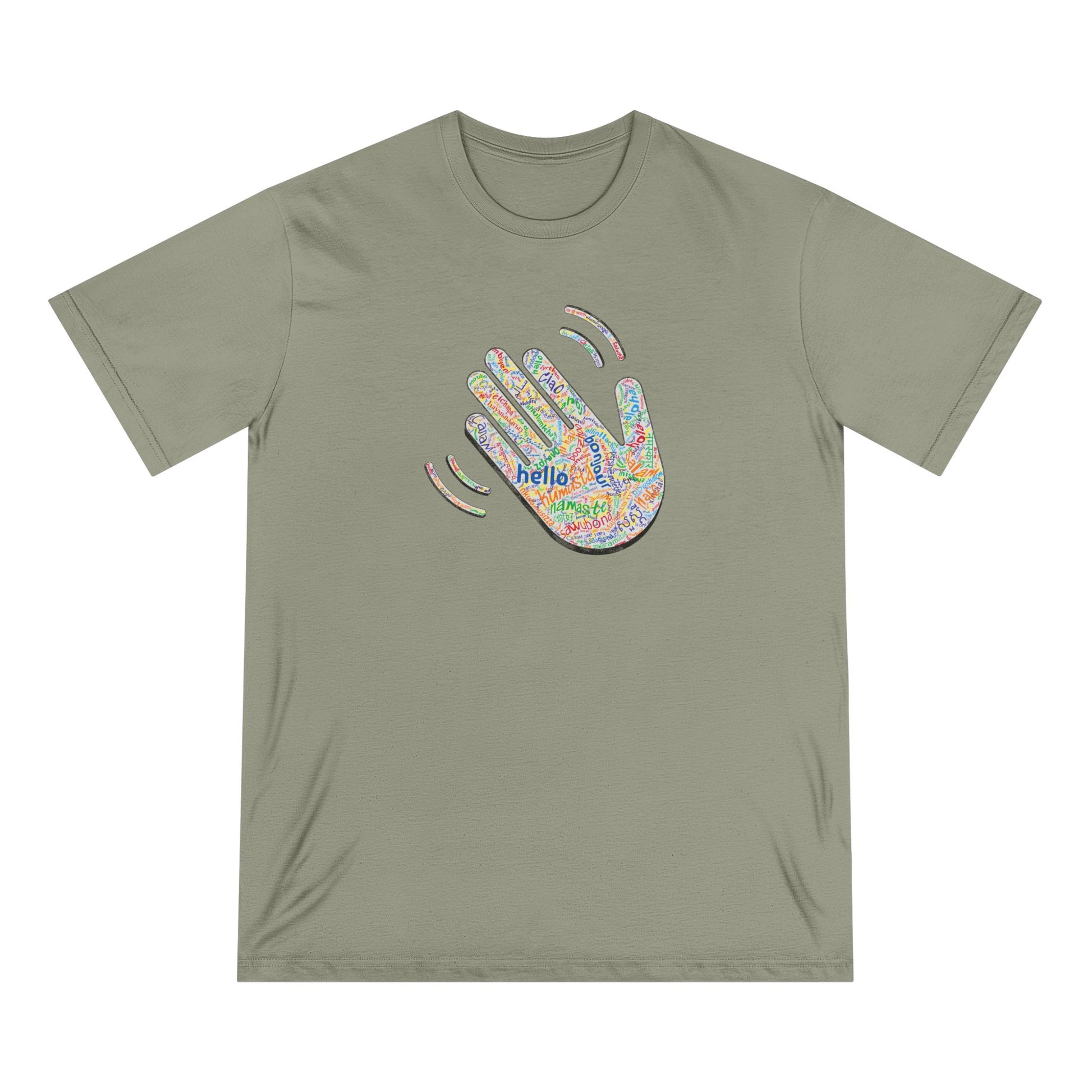 Sage green t-shirt with colorful hand graphic and 'hello' text on a white background