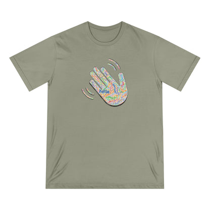 Sage green t-shirt with colorful hand graphic and 'hello' text on a white background