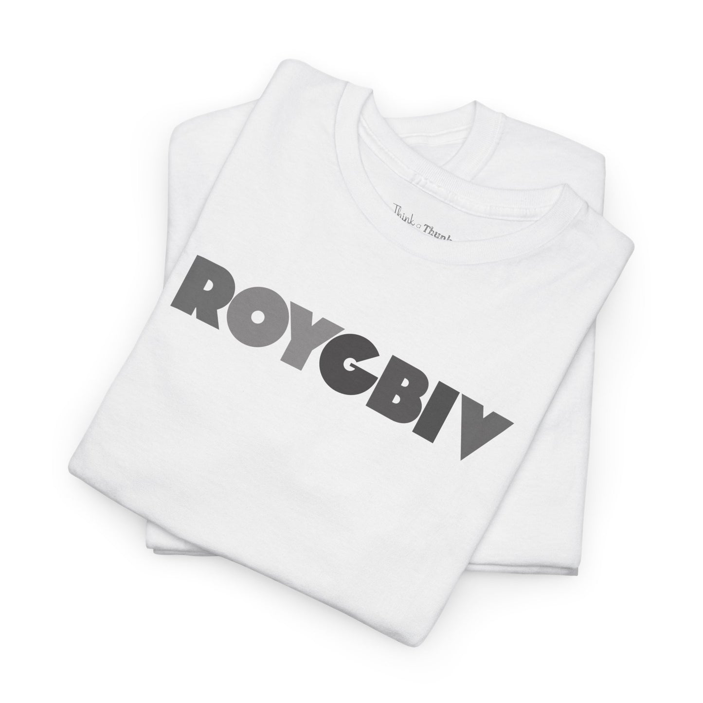 White t-shirt with 'ROYGBIV' graphic. Folded and stacked on a white background