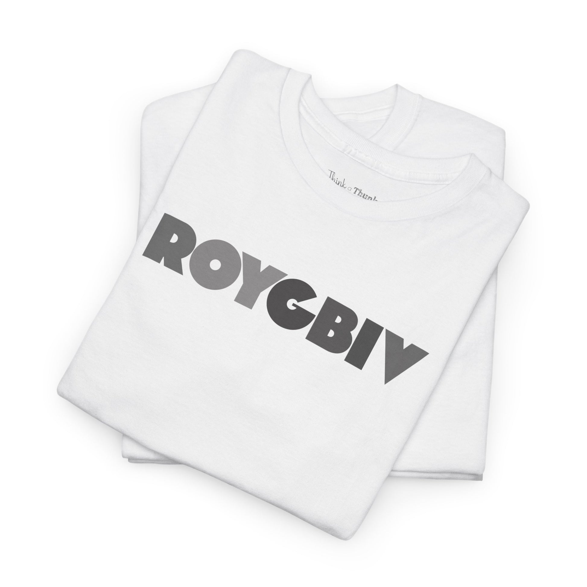 White t-shirt with 'ROYGBIV' graphic. Folded and stacked on a white background