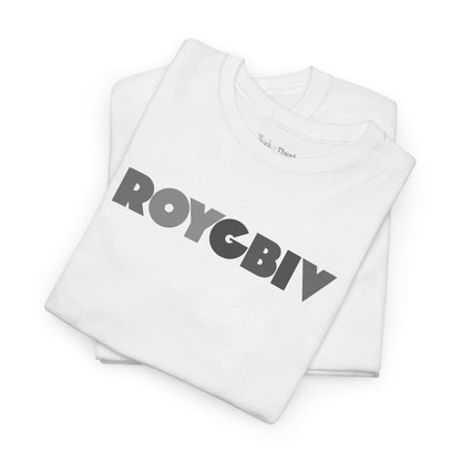 White t-shirt with 'ROYGBIV' graphic. Folded and stacked on a white background