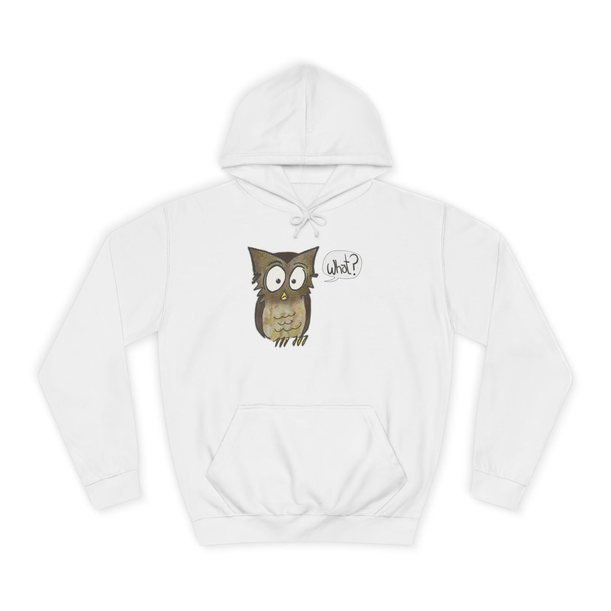 White hoodie with an owl graphic on a white background