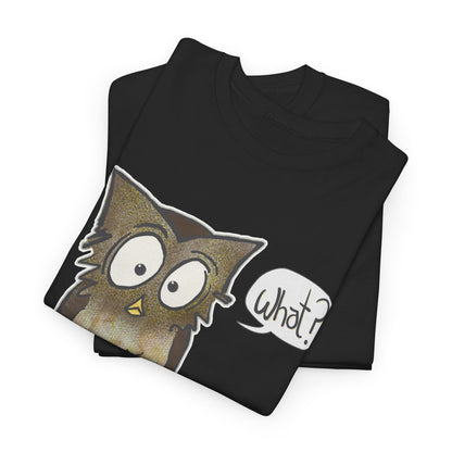 folded black T-shirt with perplexed owl saying "What?"