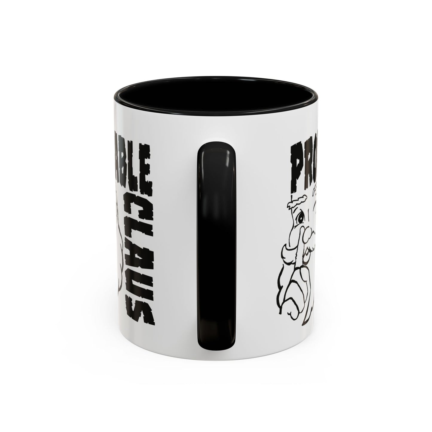 White mug with black interior and handle, featuring text and a logo on a white background