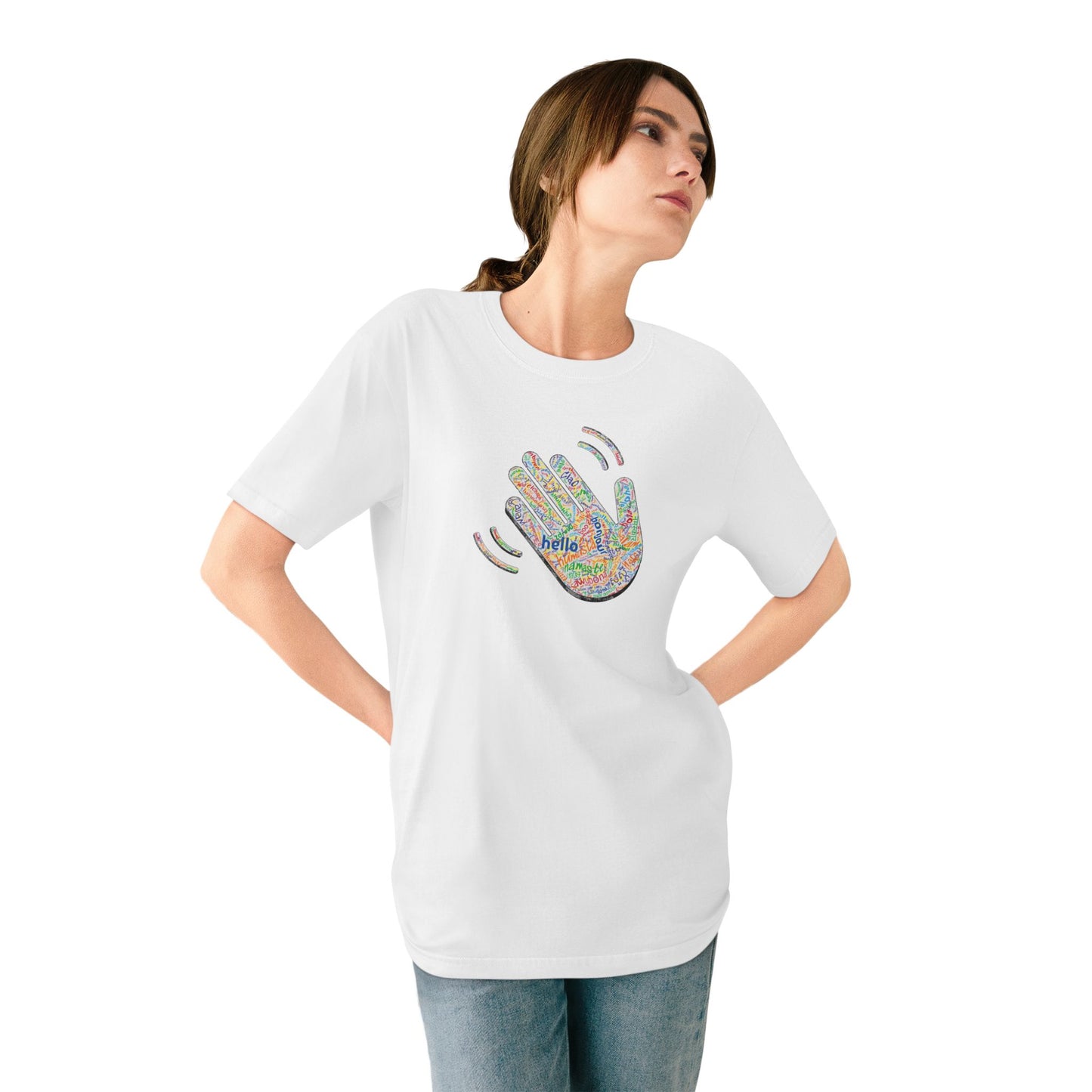 Woman wearing a white t-shirt with a colorful hand design and text on a white background