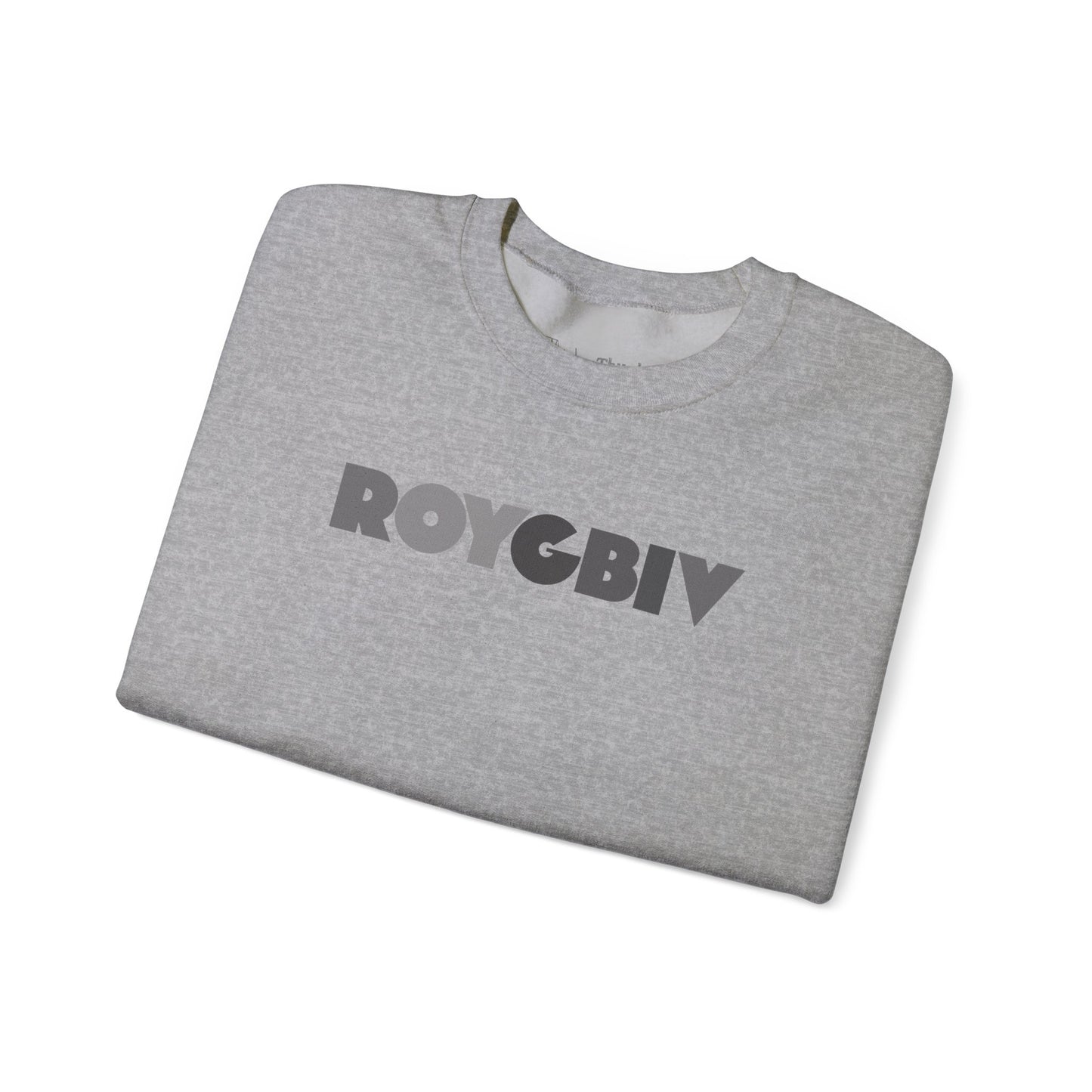 Folded gray t-shirt with 'ROYGBIV' text on a white background