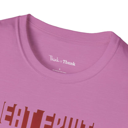 Close-up of a pink t-shirt with 'Think a Thunk' branding on a white background