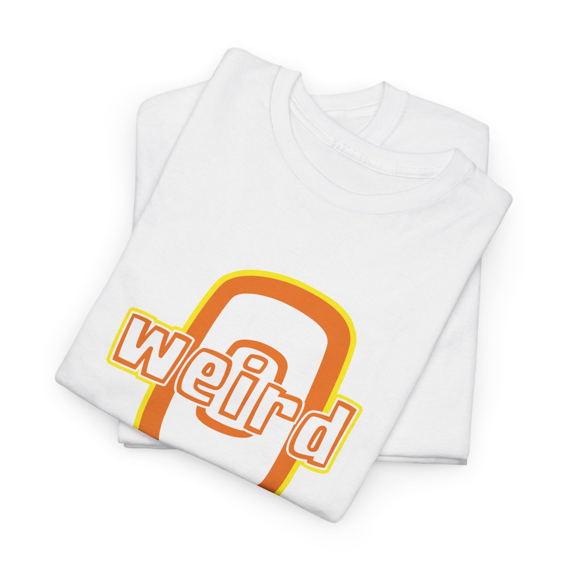 Folded white t-shirt with 'weird' graphic design on a white background