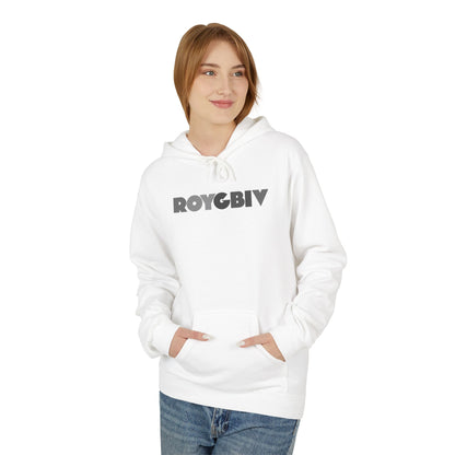 Person wearing a white hoodie with 'ROYGBIV' text on a white background
