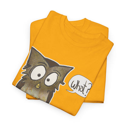 folded gold T-shirt with perplexed owl saying "What?"