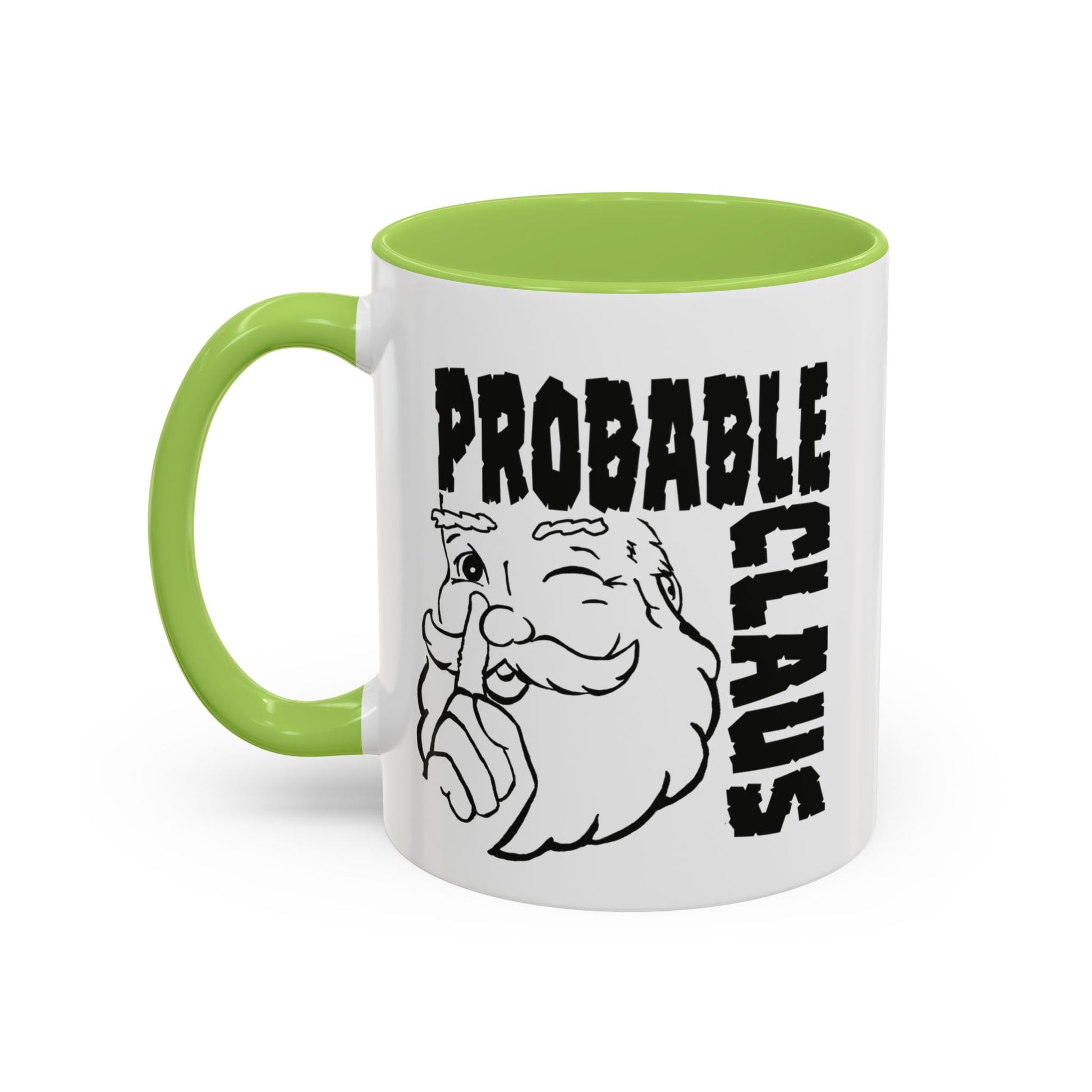 Mug with 'Probable Claus' text and Santa Claus graphic on a white background