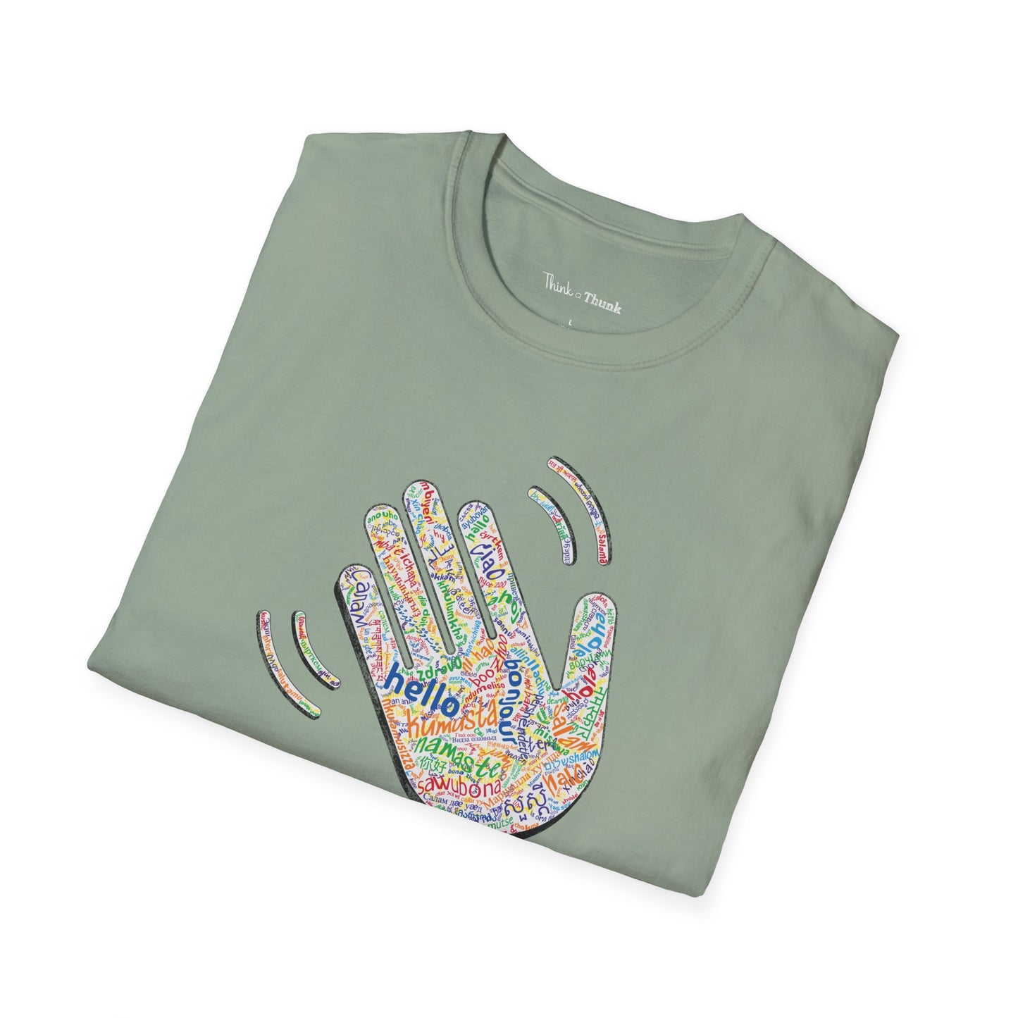 Folded green T-shirt with a colorful hand graphic filled with greetings from many languages - on a white background