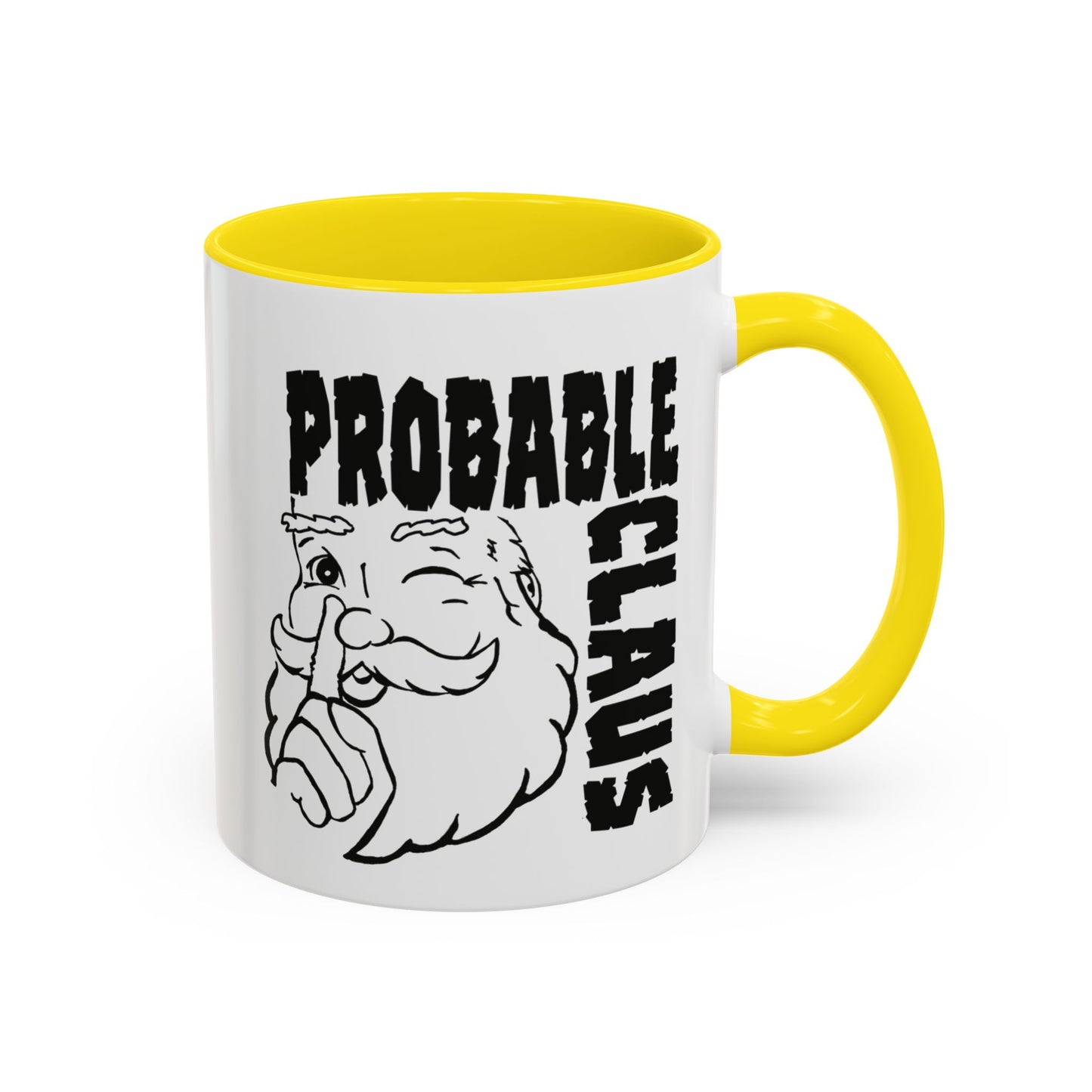 Mug with yellow interior and handle featuring a cartoon Santa Claus and text 'PROBABLE CLAUS' on a white background.