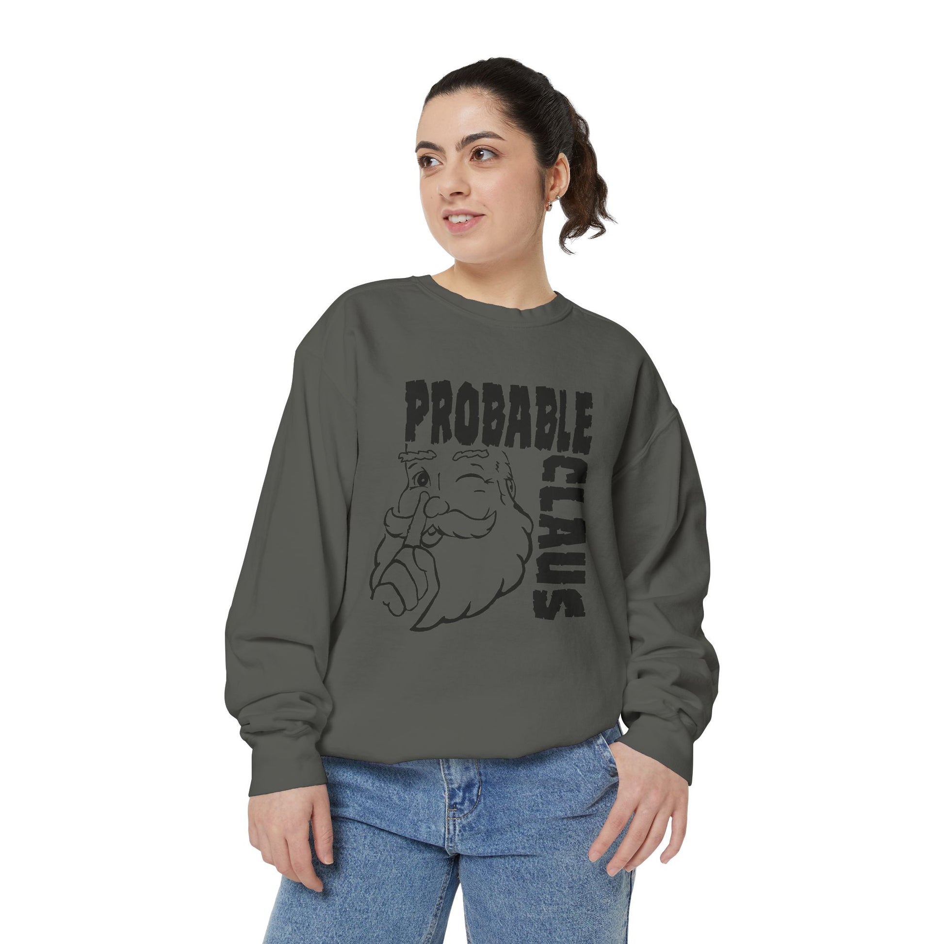 Person wearing a gray sweatshirt with 'Probable Claus' graphic design on a white background