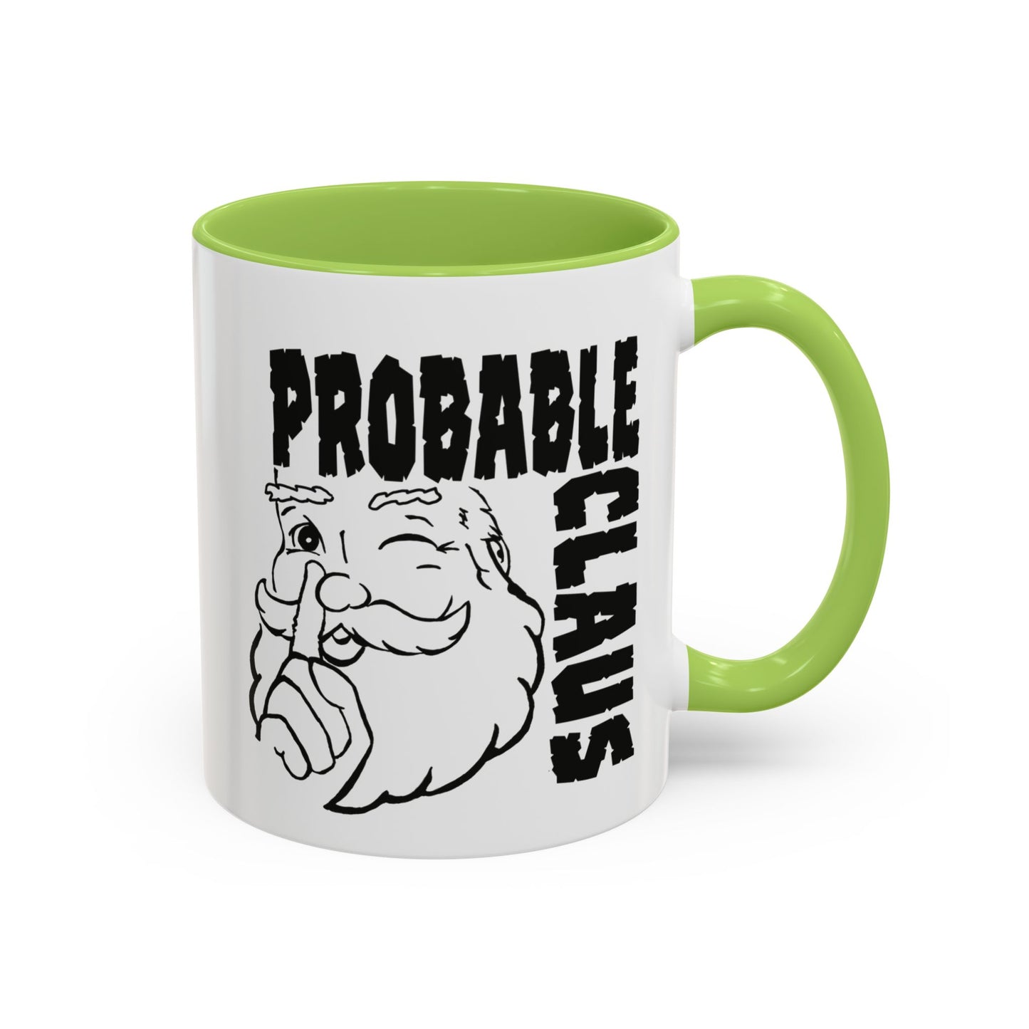 Mug with 'Probable Claus' design featuring a cartoon Santa Claus on a white background