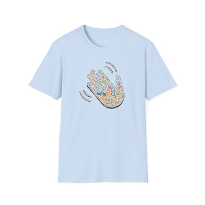 Light blue T-shirt with a colorful hand graphic filled with greetings from many languages - on a white background