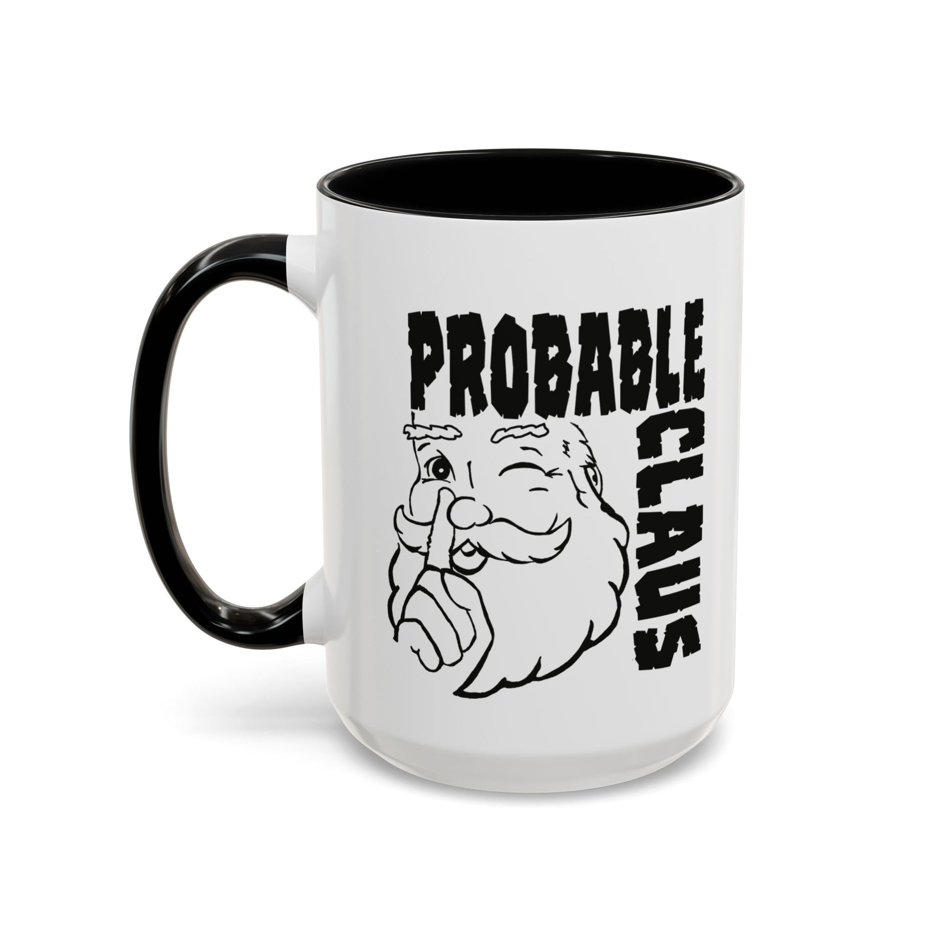 White mug with black handle featuring a cartoon Santa Claus and text 'PROBABLE CLAUS' on a white background.