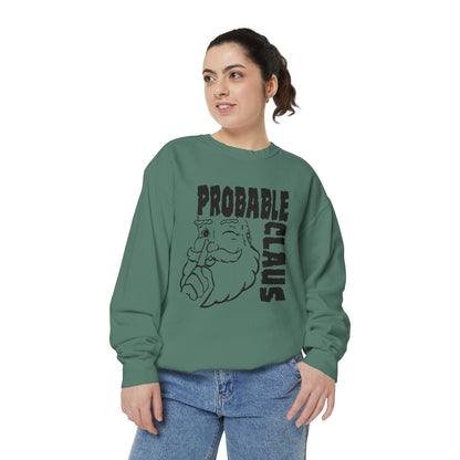 Person wearing a green sweatshirt with 'Probable Claus' graphic on a white background
