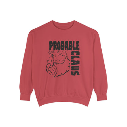 Red sweatshirt with 'Probable Claus' graphic on a white background