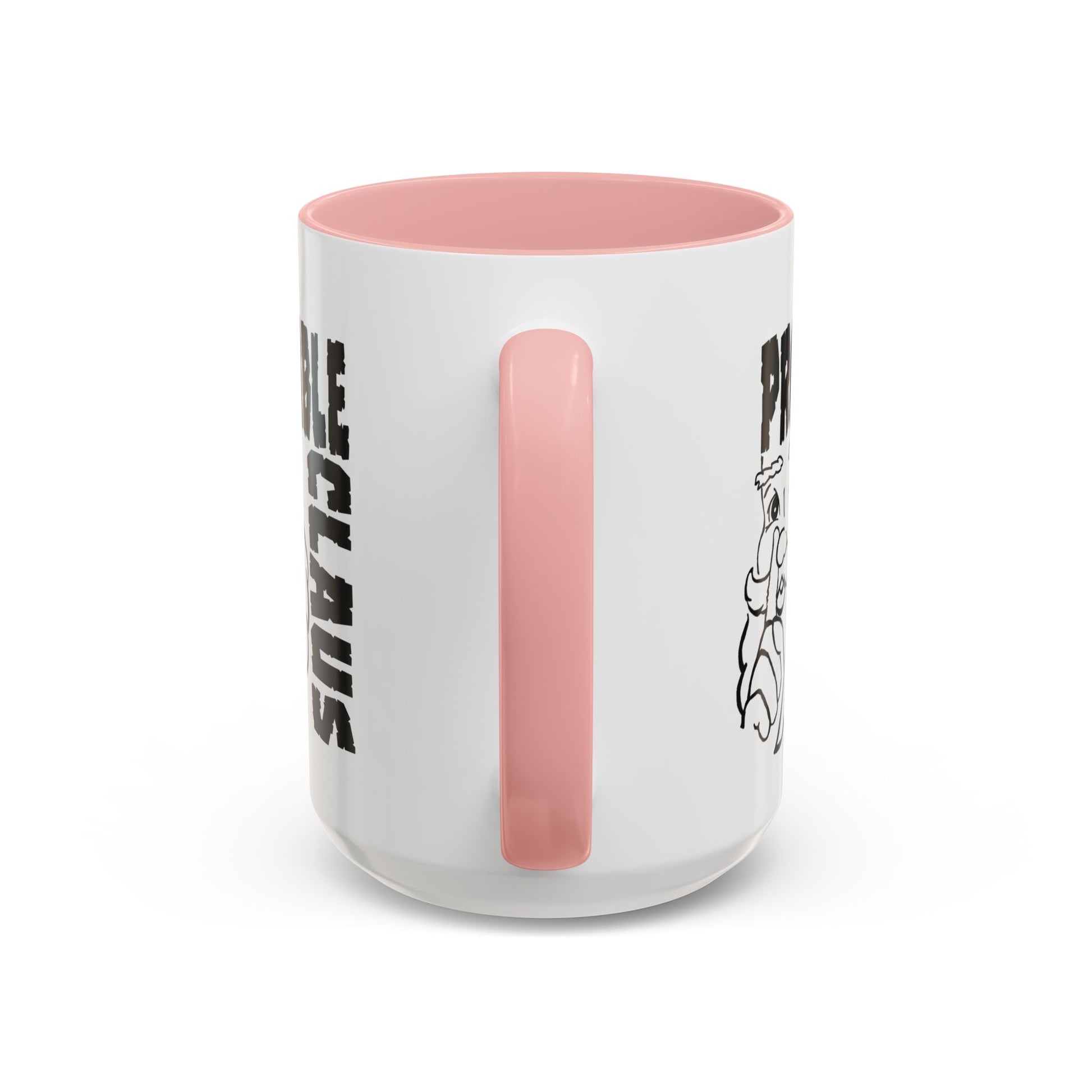 White mug with pink interior and handle, featuring text and a graphic design on a white background