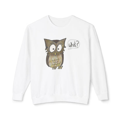 White sweatshirt with an owl graphic and 'what?' speech bubble on a white background