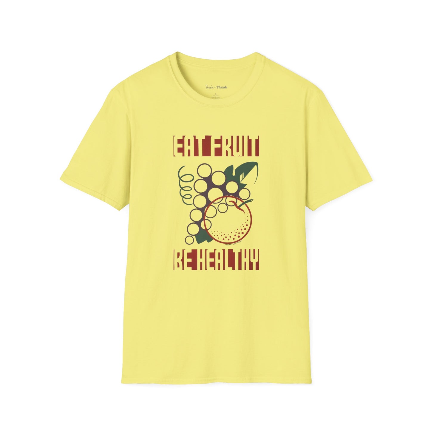 Yellow t-shirt with a graphic design and the text "EAT FRUIT BE HEALTHY" on a white background