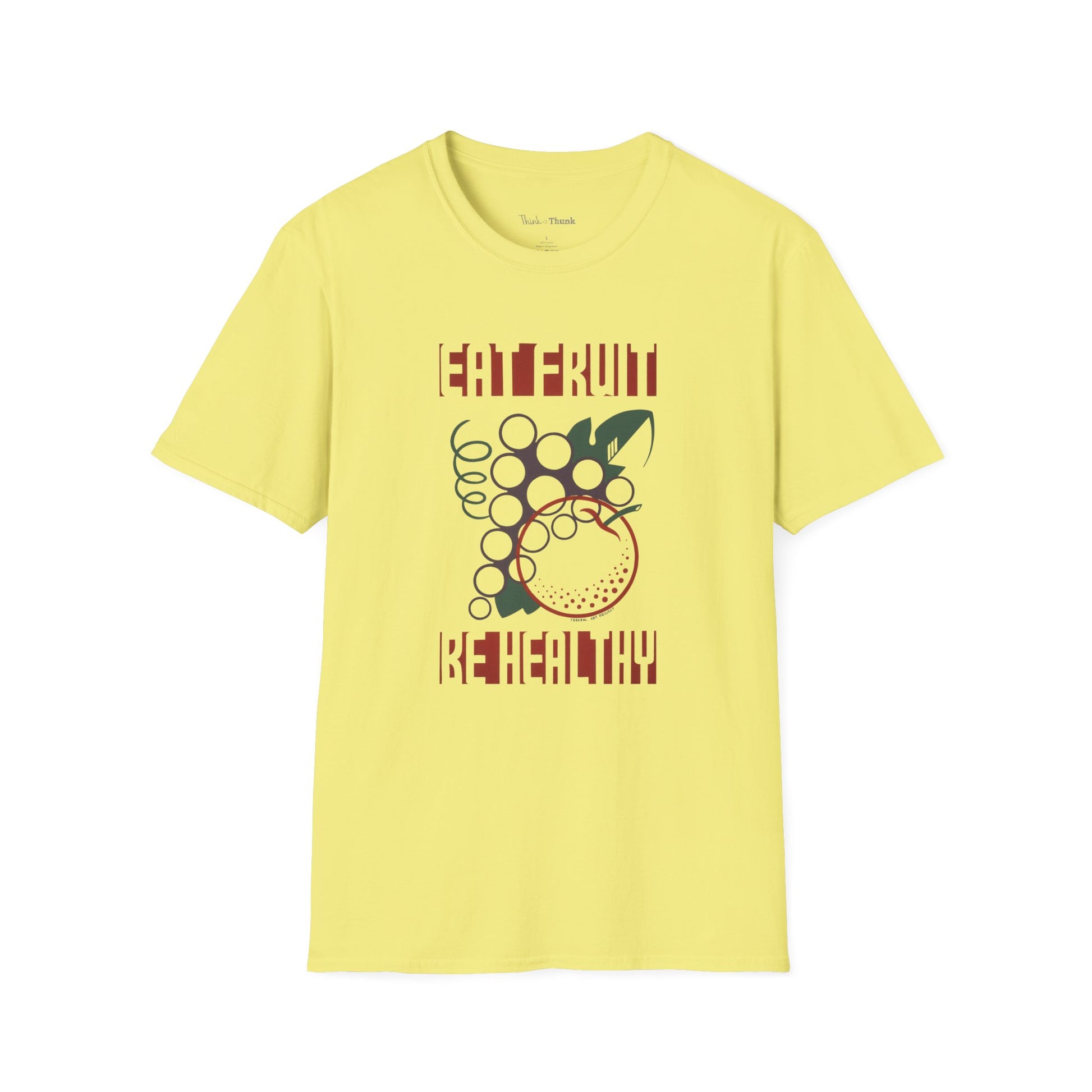 Yellow t-shirt with a graphic design and the text "EAT FRUIT BE HEALTHY" on a white background