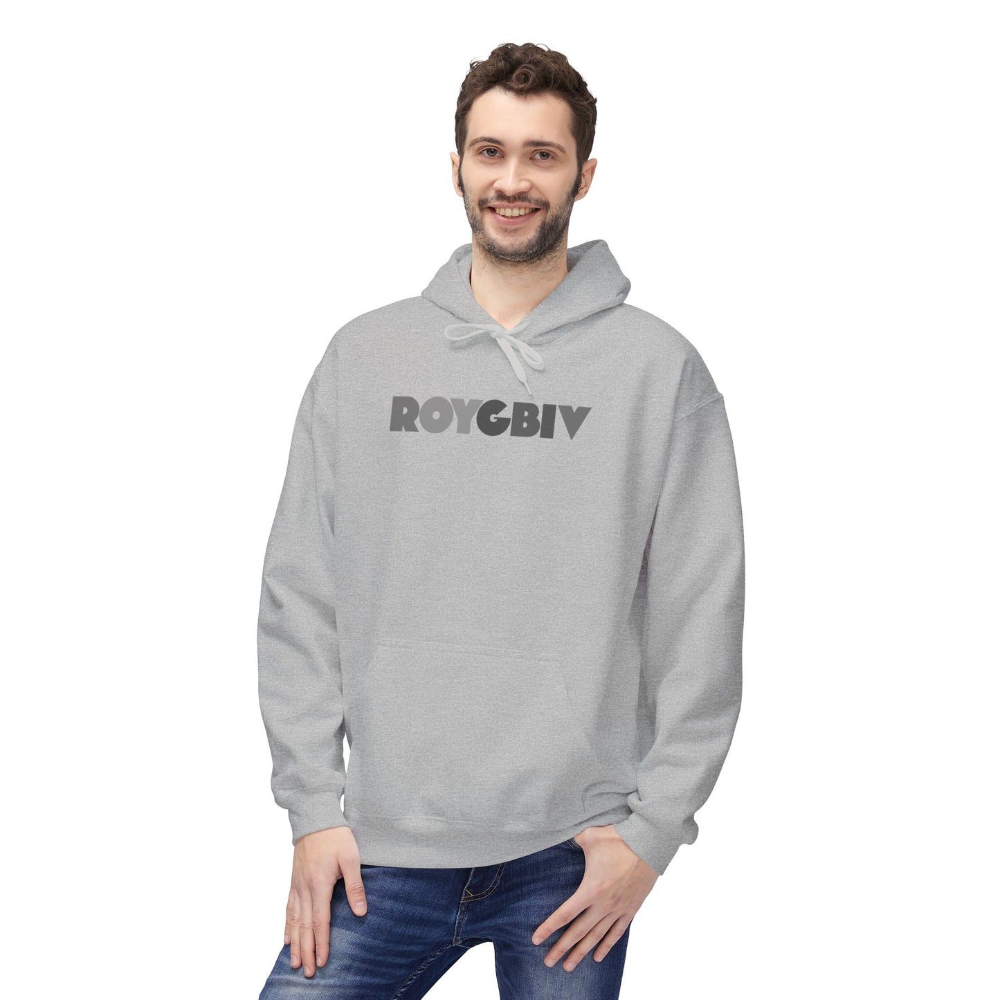 Man wearing a gray hoodie with 'ROYGBIV' text on a white background