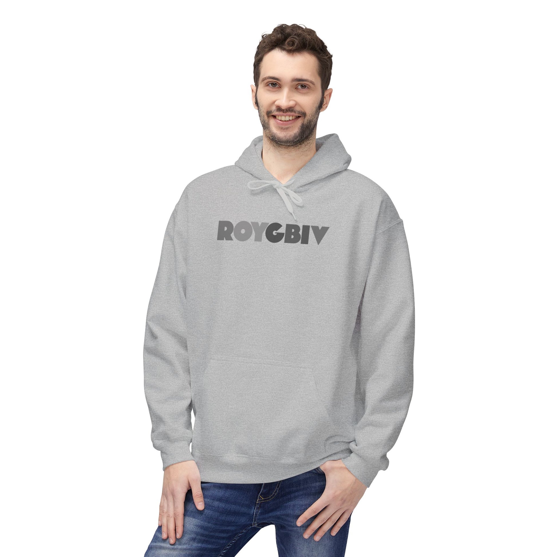 Man wearing a gray hoodie with 'ROYGBIV' text on a white background
