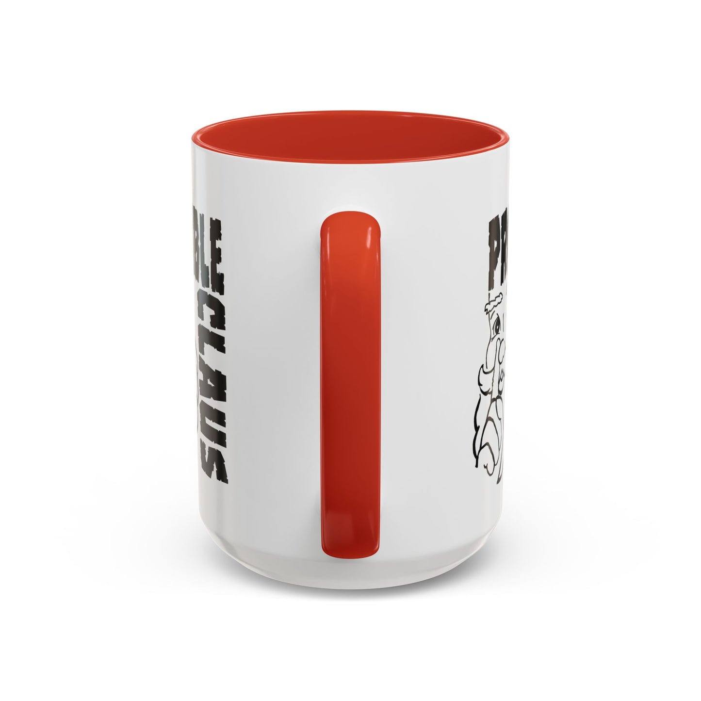White mug with red interior and handle, featuring text and graphics on a white background