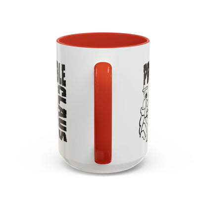 White mug with red interior and handle, featuring text and graphics on a white background