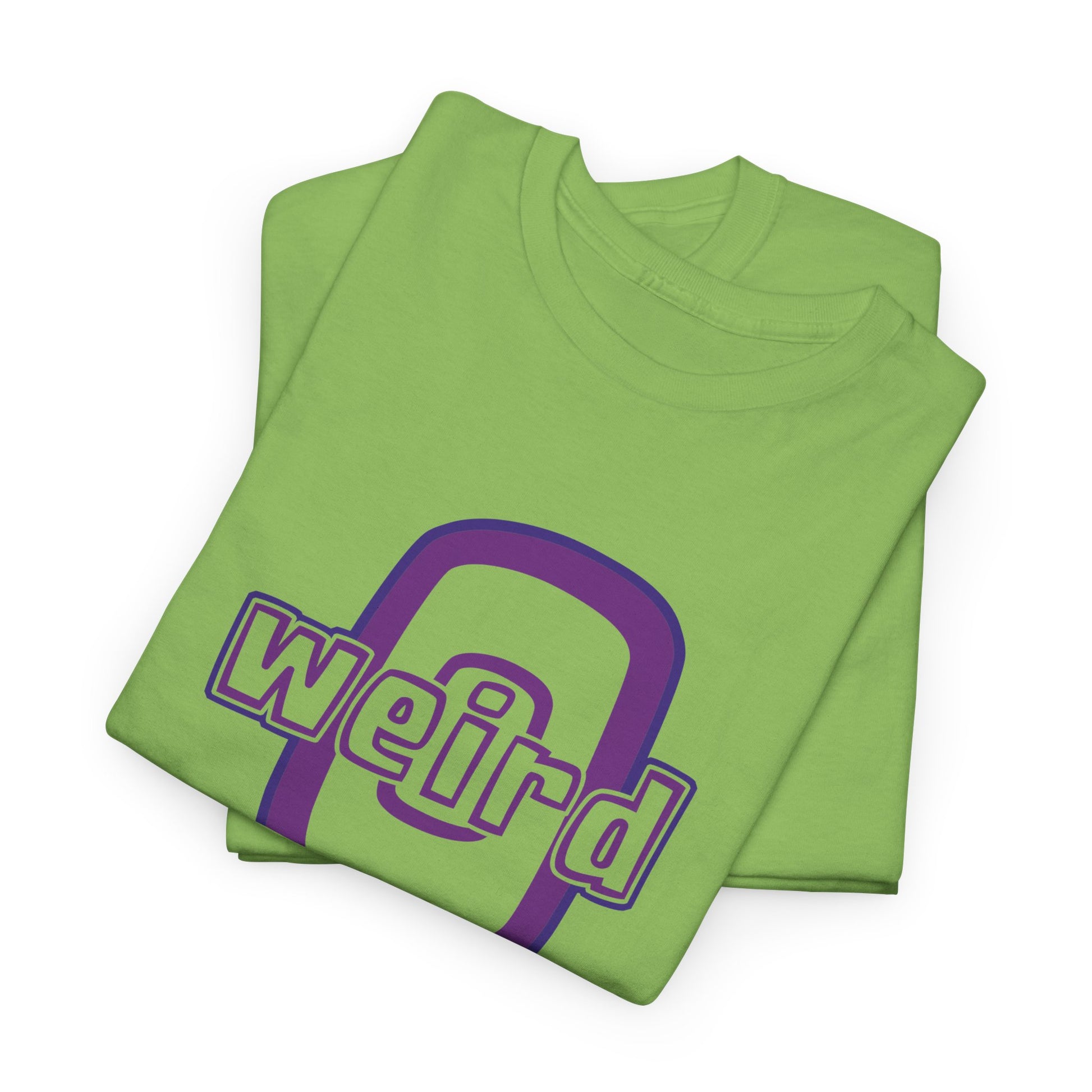 Folded green t-shirt with purple 'weird' text on a white background
