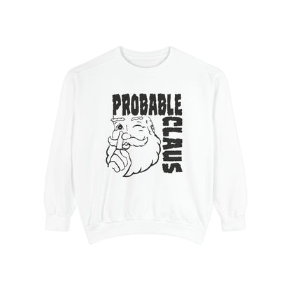 White sweatshirt with 'Probable Claus' graphic design on a white background